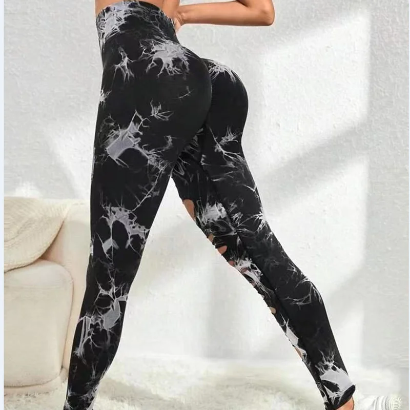 Seamless Tie Dyed Hollowed Out Yoga Pants High Waist Quick Drying Sport Leggings Tight Lifting Hip Fitness Gym Leggings