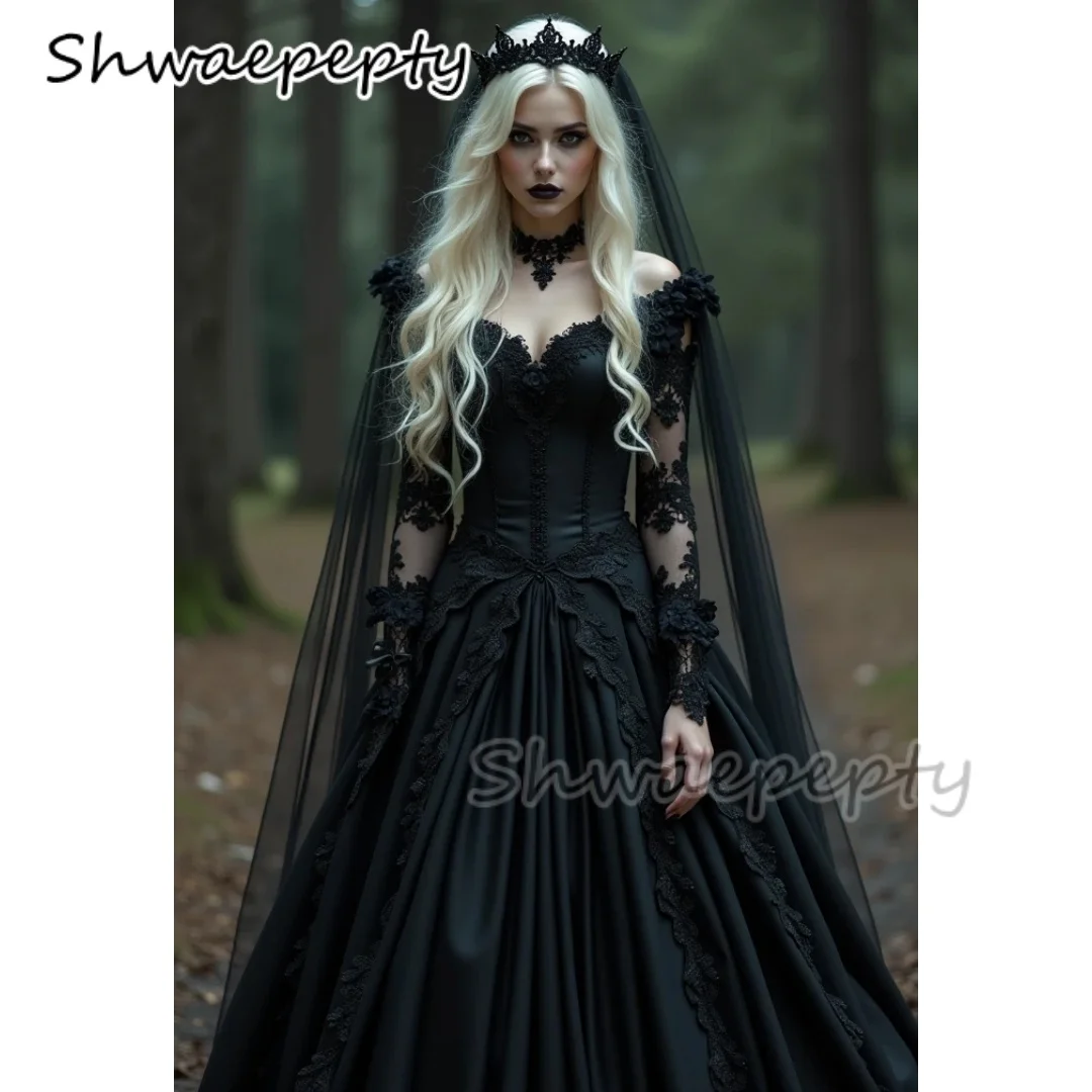 

Gothic Wedding Dress Long Sleeves A-Line Vintage Black Wedding Gown Lace Appliques Corset A-Line Retro Bridal Dresses Customized