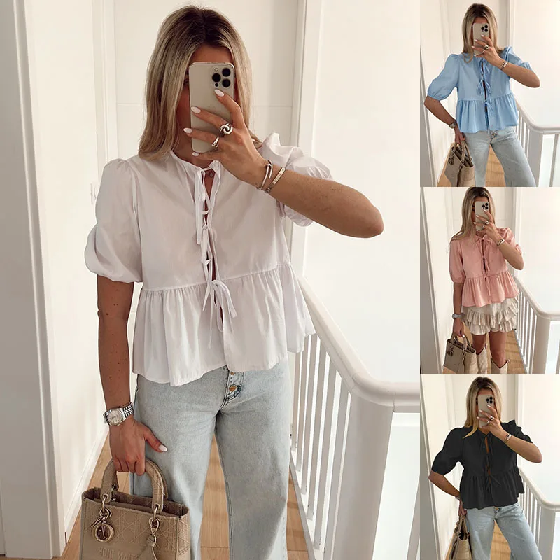 Summer Women\'s New Puff Short Sleeve Lace-up Solid Color Shirt Loose Top Fashion Casual Blouse Shirts