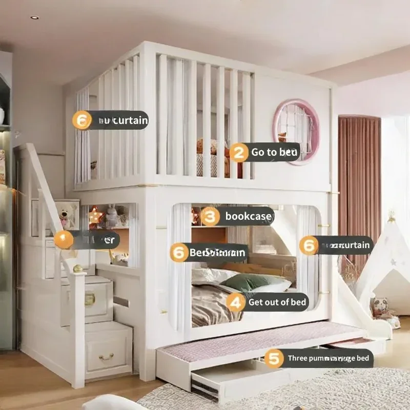 Premium - Quality Modern High And Low Kids Bed With Ladder Cabinet Safety Fence Bunk Bed Multifunctional Solid Wood
