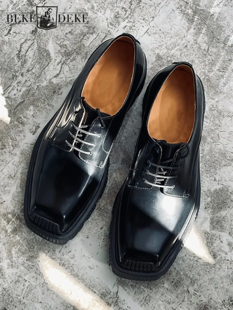 

New Genuine Leather Mens Dress Shoes Fashion Square Toe Oxfords Cowhide Black Business Casual Lace Up Office Men Derby Shoes