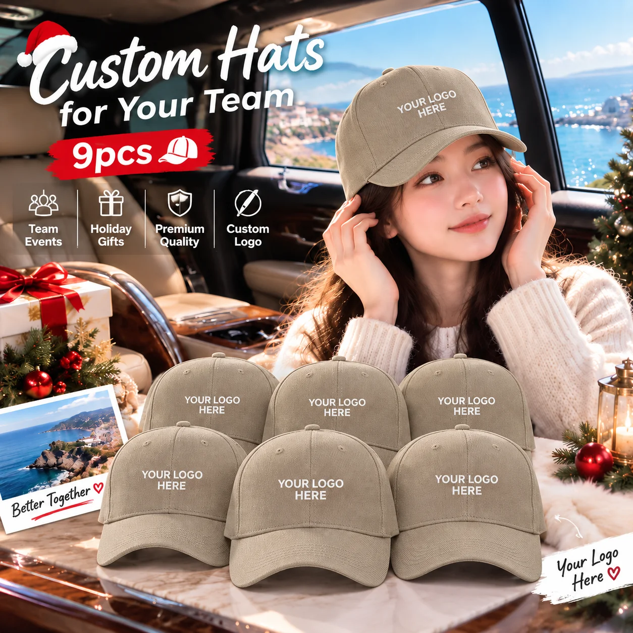 Pack of 9 personalized, solid-colored baseball caps—customizable with your own logo. Ideal as work caps for coffee shops and bak