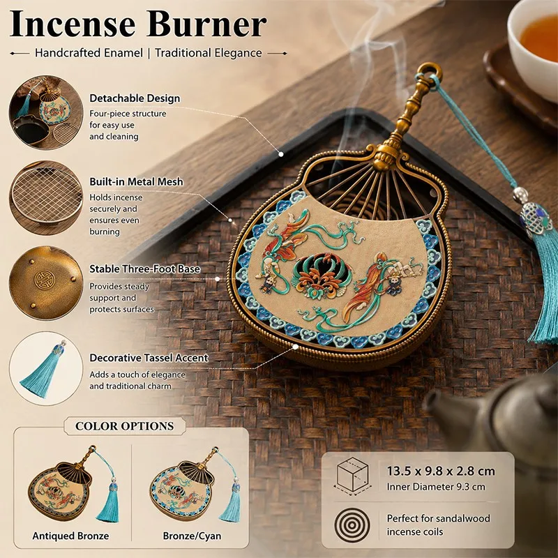 Vintage Metal Enamel Incense Burner with Tassel Aromatherapy Mini Censer Holder Lute Shape Handmade