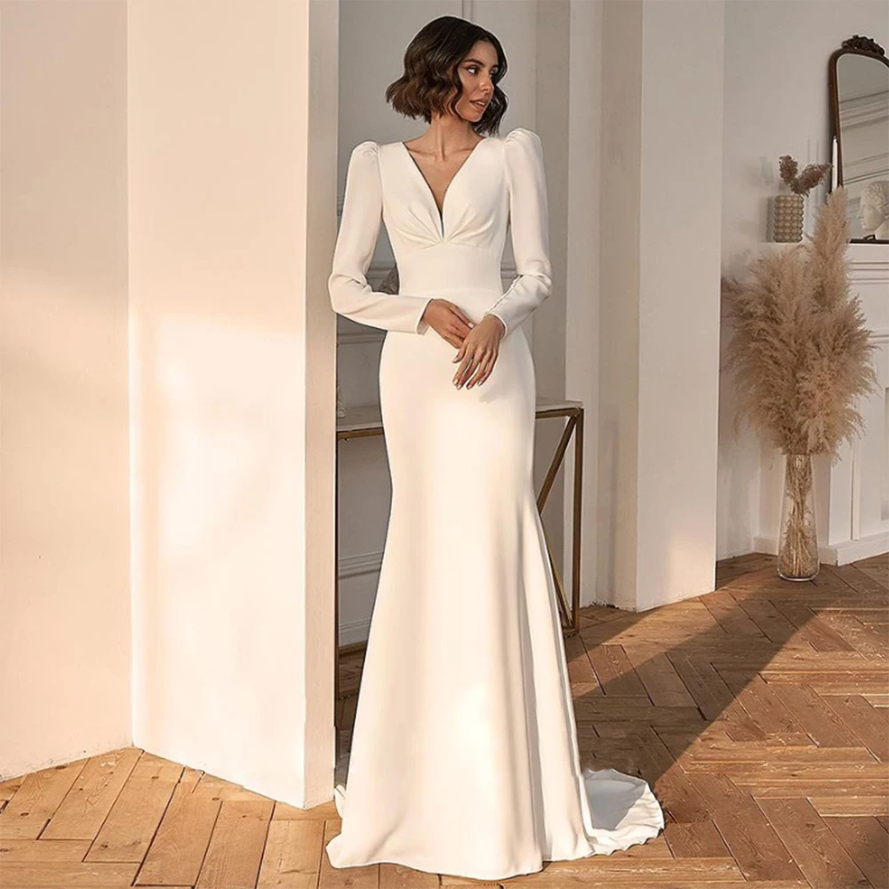 Elegant Temperament Wedding Dresses V-neck Long Sleeve Backless Trailing Dresses for Bridesmaid