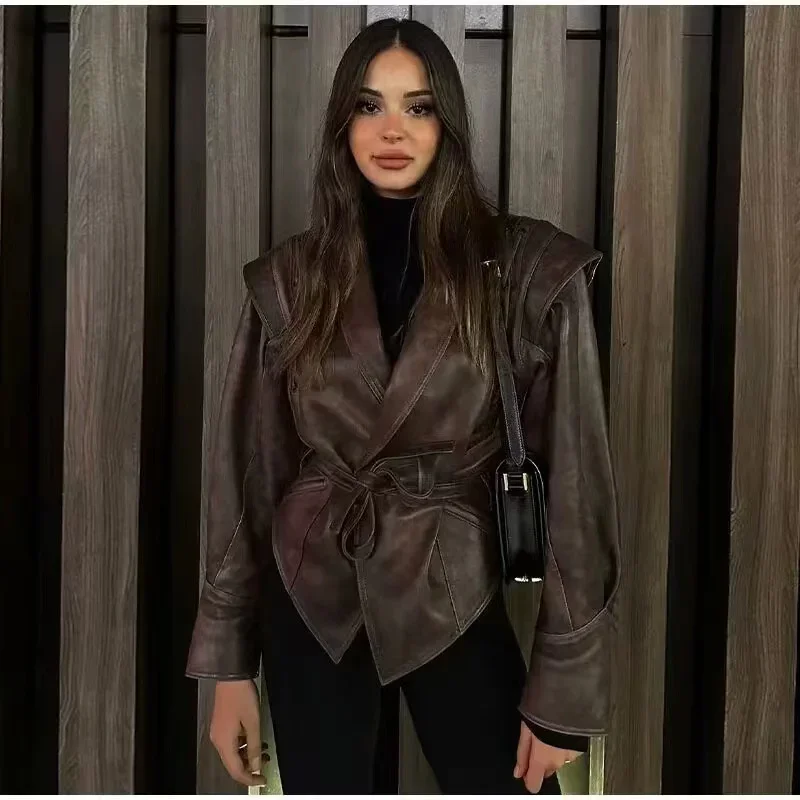 2024 Pu motorcycle Coat Faux Leather Jacket Women Autumn Winter Fashion Vintage V Neck Female High Street Casual Ladies Outwear