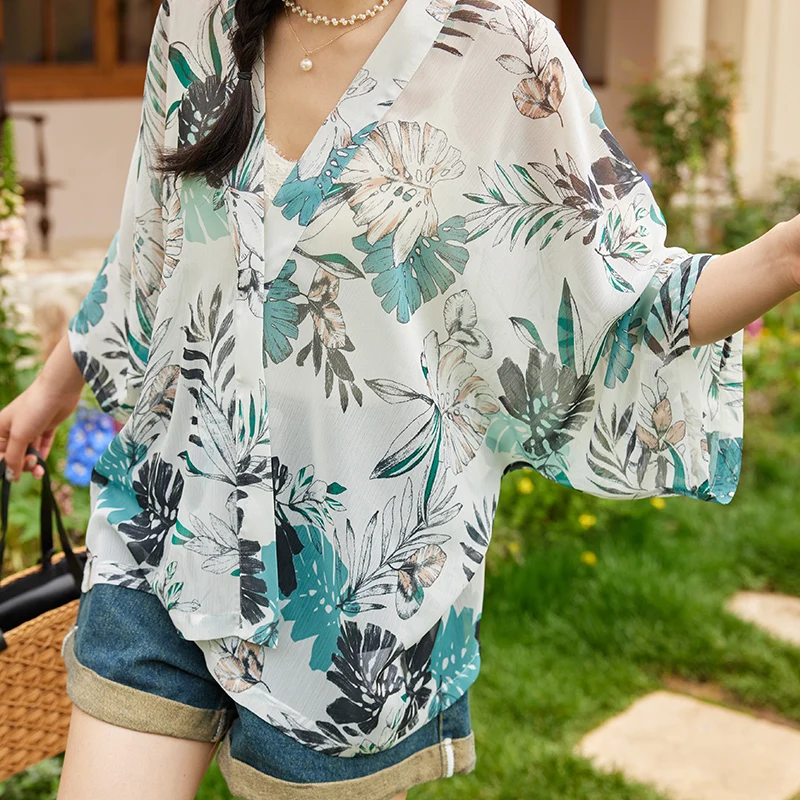 ARTKA 2024 Summer New Women Blouse Elegant Floral Printed Chiffon Cardigan Vacation Style Thin Shawl Shirts Female WA15082X