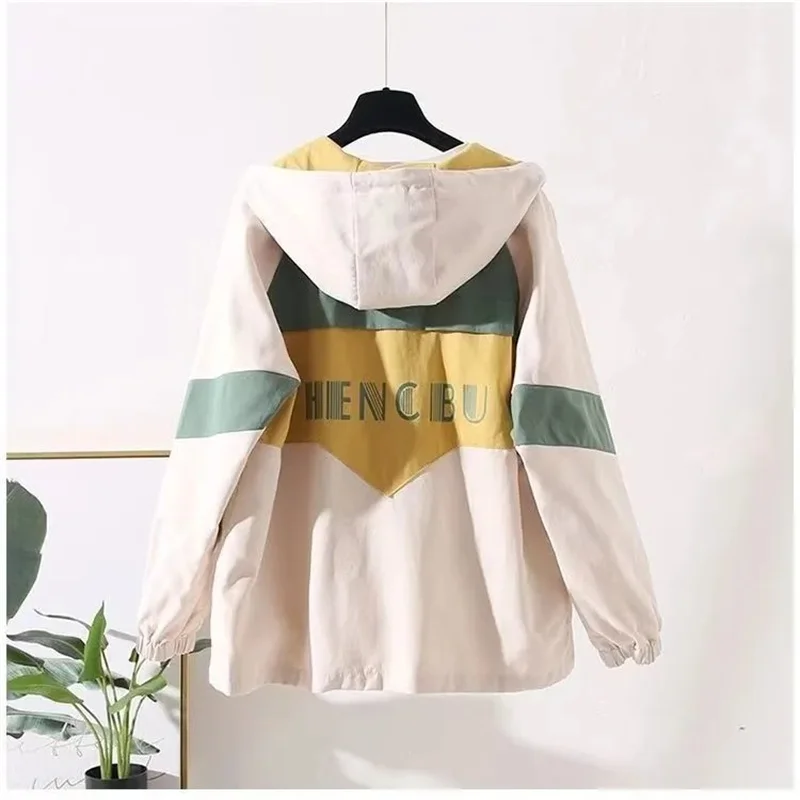 2024 New Spring Autumn Women Jacket Coat Hooded Windbreaker Famale Long Sleeves Bomber Jacket Print Loose Outwear