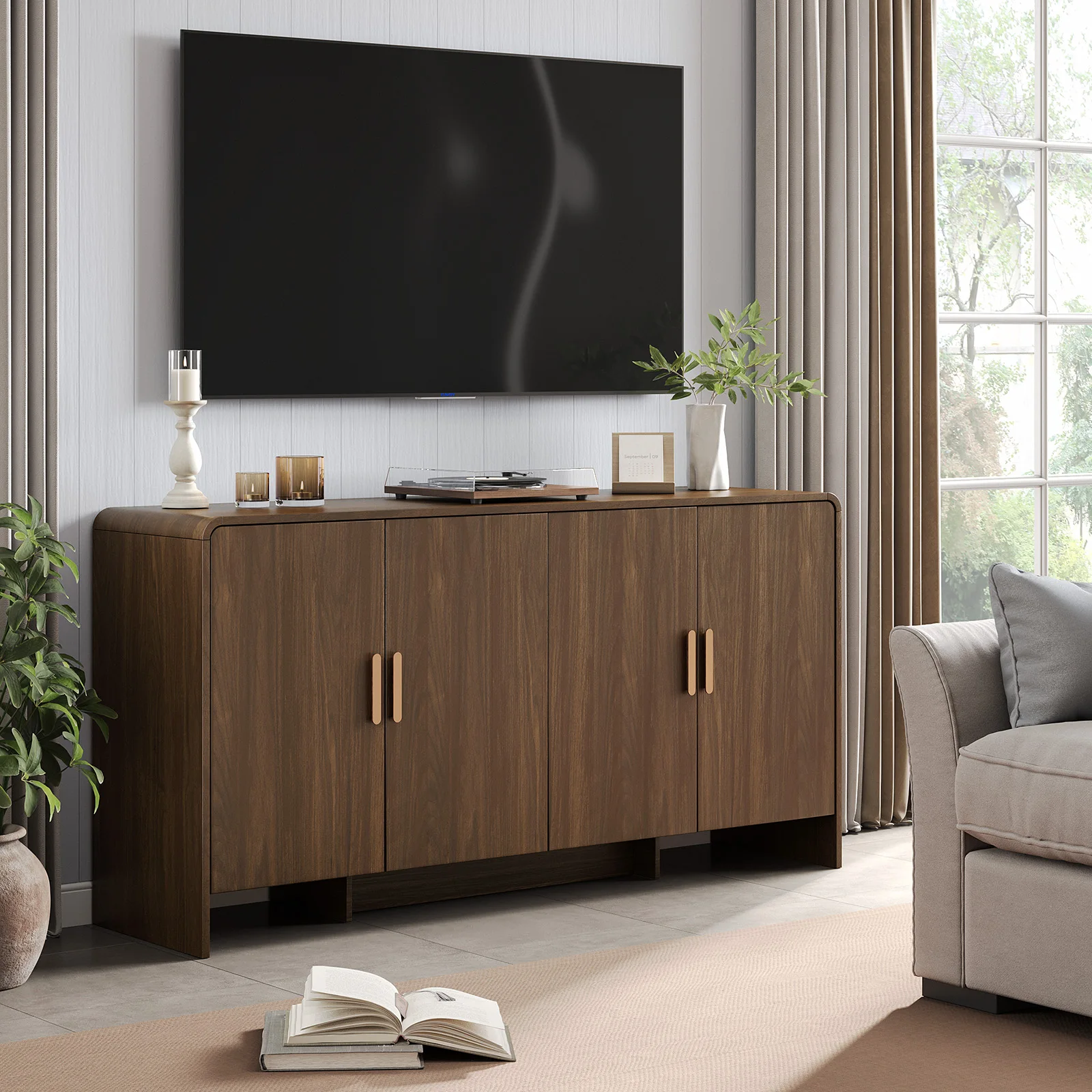 60" Sideboard Buffet Cabinet with Storage, Curved Design Farmhouse Coffee Bar Cabinet with 4 Doors & Adjustable Shelves image 6