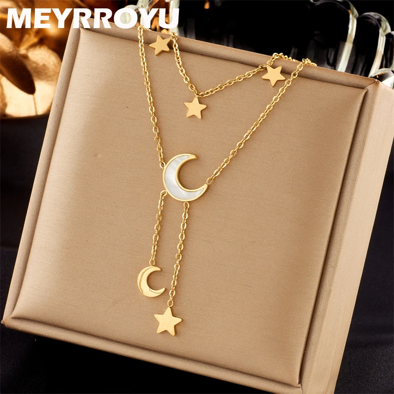 MEYRROYU 316L Stainless Steel Double Layer Shell Star Moon Charm Collar Necklace For Women Party Gift Bijoux Acier Inoxidable