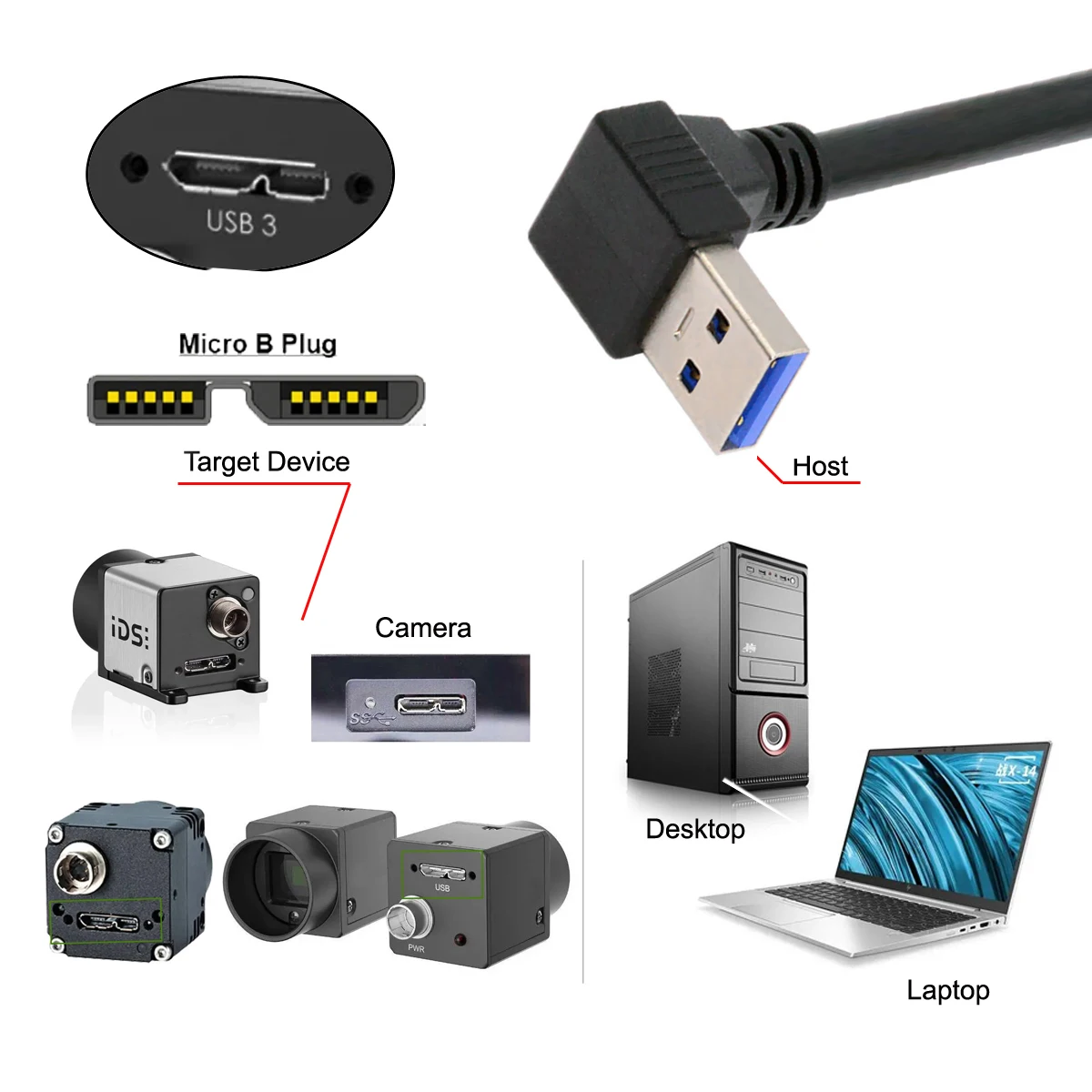 CableCC 90 Degree Up Down Angled USB 3.0 A Male to Micro-B Cable 25cm with Locking Screws for Disk Camera image 6