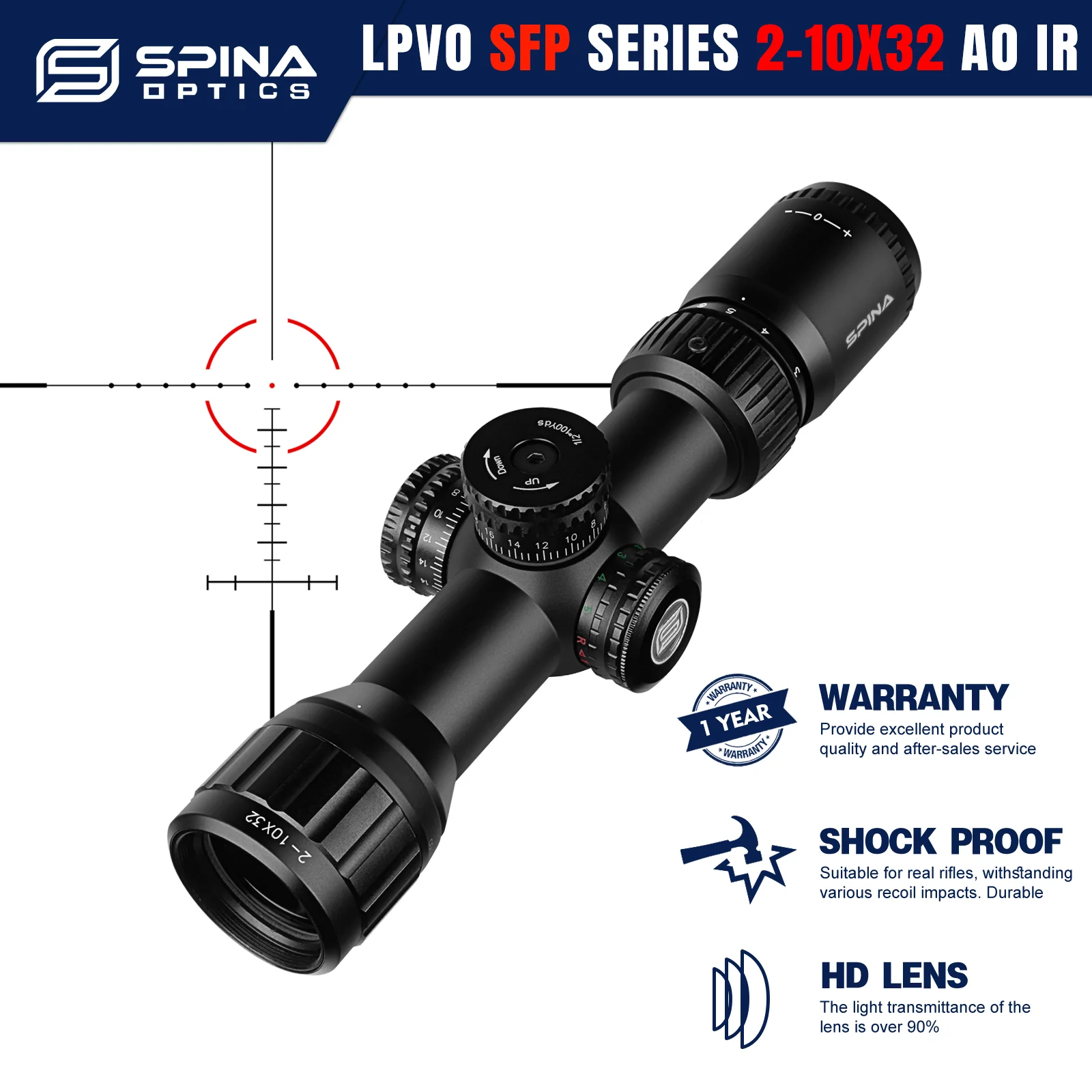 SPINA OPTICS HD 2-10x32 AO LPVO Sight Super Compact WideAngle Glass Etched Reticle 7.5yds to Infinite Parallax Scope 22LR.223etc