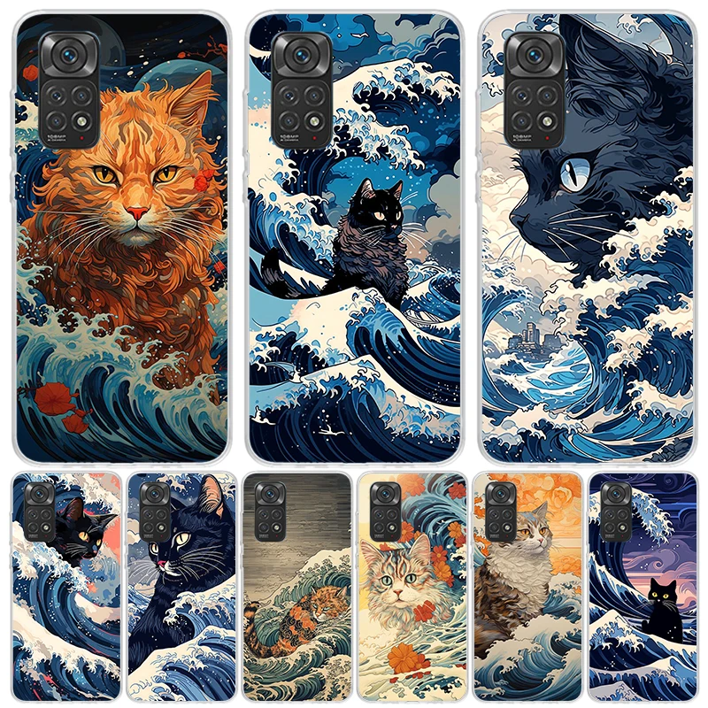 Anime Cat Sea Wave Aesthetic Phone Case For Xiaomi Redmi Note 13 12S 12 11S 11T 11E Pro Plus 10S 10 9S 9 8T 8 7 Art Customized C