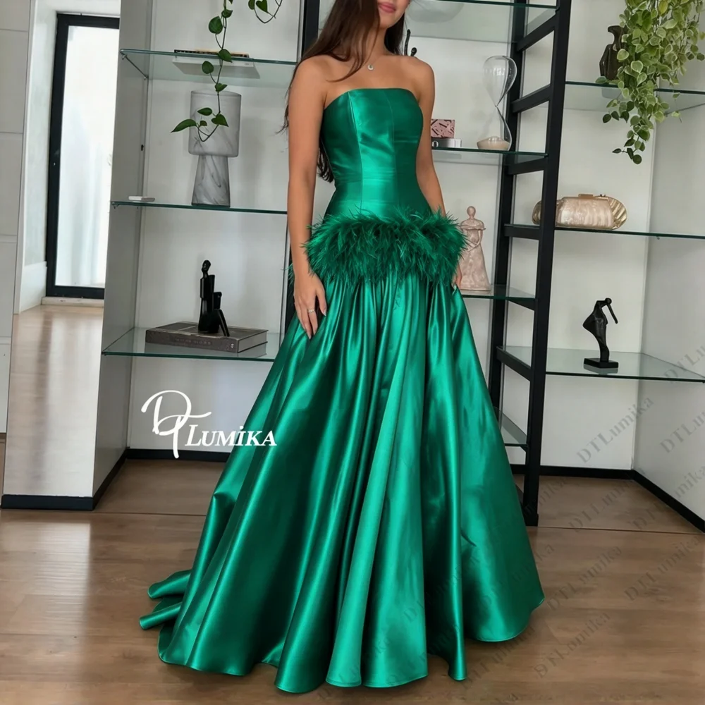 Feather Waist A Line Formal Evening Dress Customized Strapless Ball Gown Prom Dress Sleeveless Women Sweet 16 Wedding Guest Gown