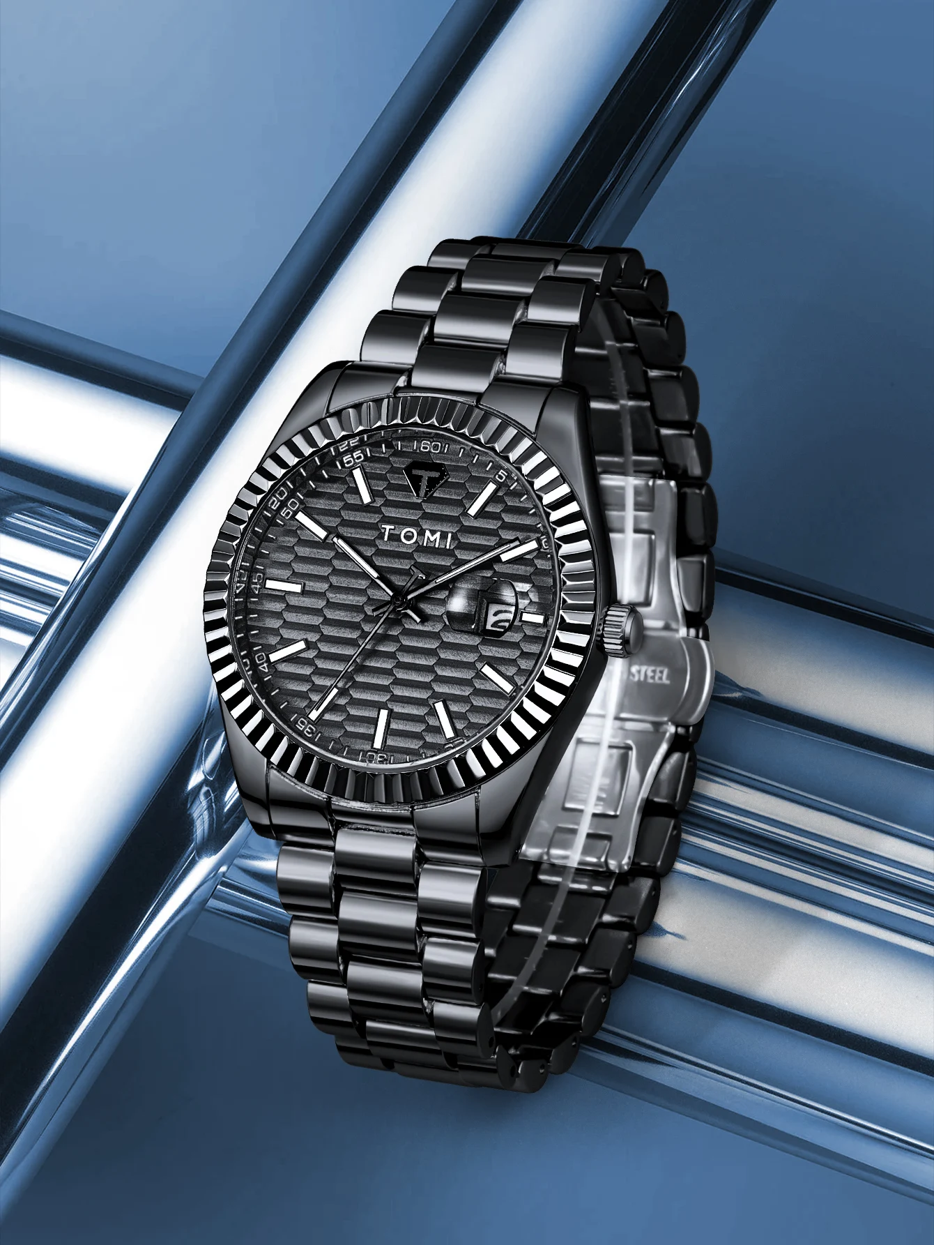 TOMI Neue Herrenuhr Brosche Ring Geschenkbox Set Luxus Business Edelstahlarmband Herren Kalender Casual Quarzuhr Reloj – Detail 2