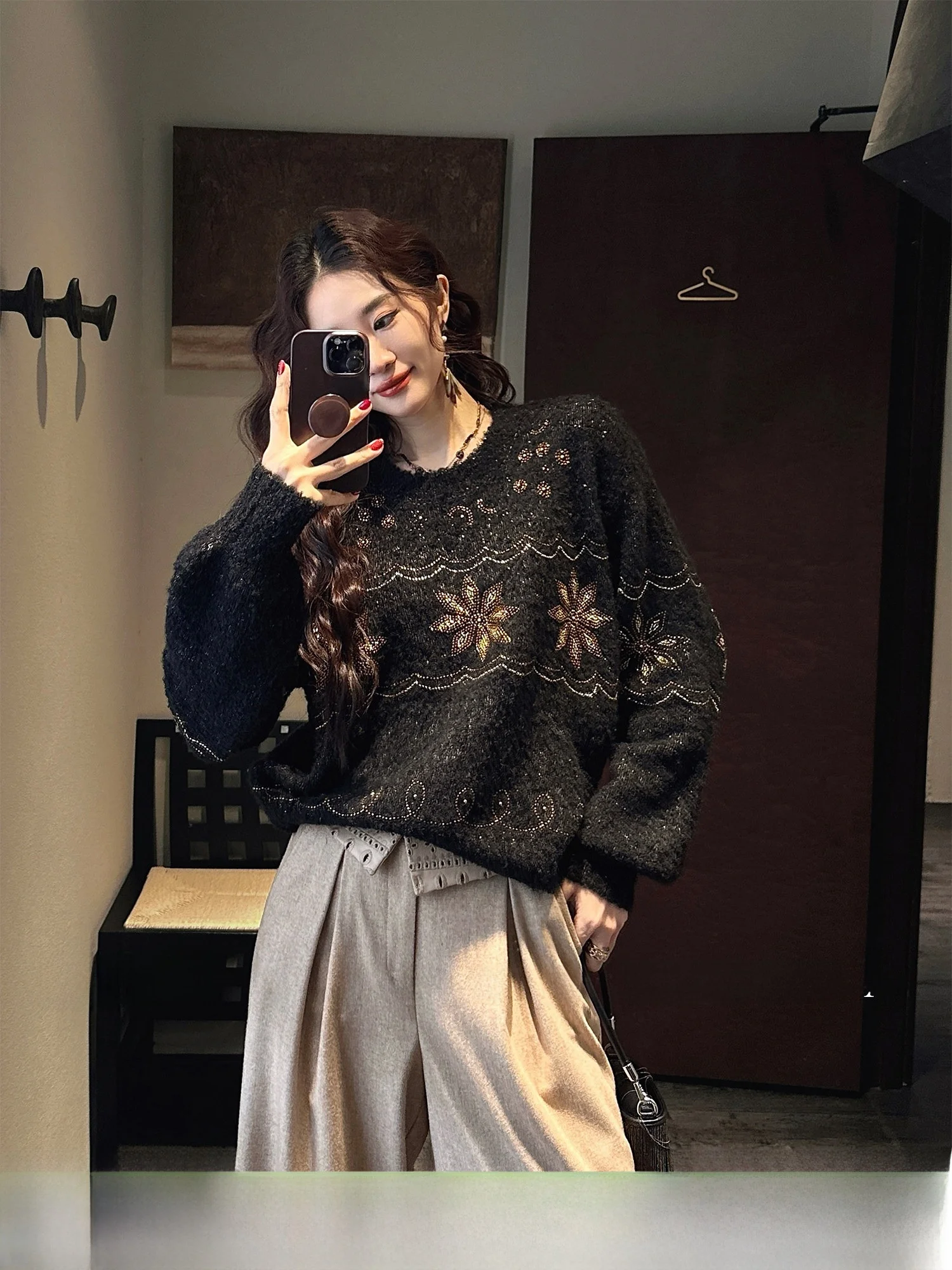 

New Chinese Style Fair Isle Sweater Winter Women's Outerwear Black Flower Embroidery Trendy Long Sleeve Warm Knitted Top