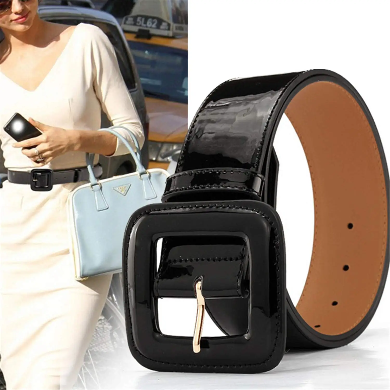 

Fashion Women Patent Leather Corset Belt Retro Wide Belts with Square Buckle Casual Ladies Belt for Jeans Dress