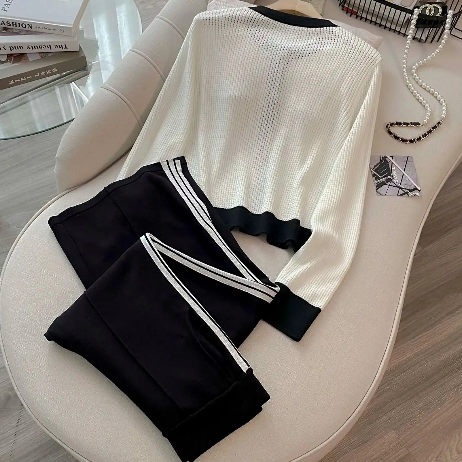 Women Knitted 2 Piece Suit Sweater Cardigan Top And Stripe Pant Two Piece Set Matching Outfit Stripe Elegant Chic Winter Clothes