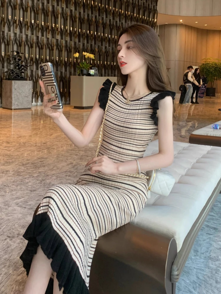 Dresses Women Tender Shinny Elegant Temperament Aesthetic Summer Fashion All-match Daily French Style Schoolgirls Simple Striped