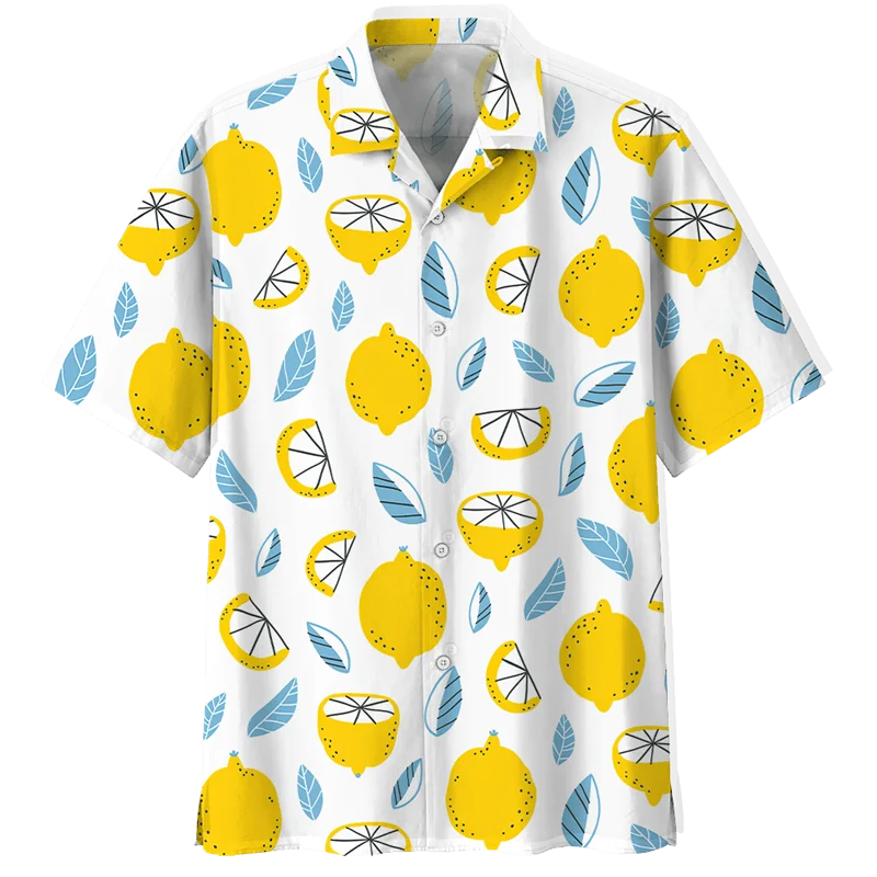 Camisa hawaiana con solapa de gran tamaño para hombre, camisa Aloha con patrón de limón, estampado 3D de frutas tropicales, blusa de manga corta con botones, ropa de calle