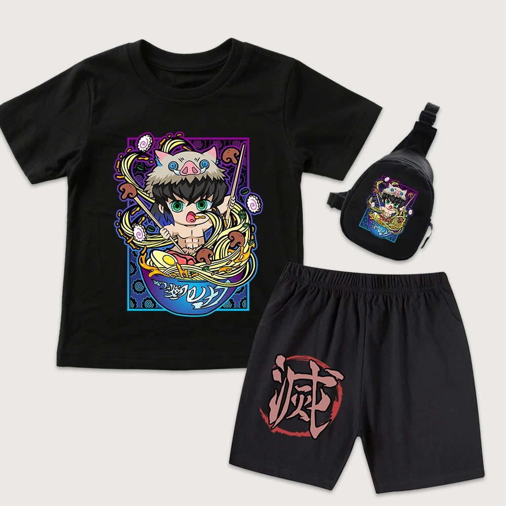 Demon Slayer Chibi Inosuke Ramen Print Kids TShirt and Shorts Set with Mini Chest Bag 3 Piece Summer Outfit for Boys Girls Teens