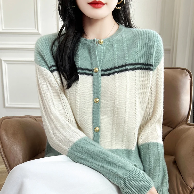 Autumn Winter Contrasting Sweater 100% Wool Women\'s Round Neck Knitted Cardigan Casual Large Size Fashion Korean Clothing Tops