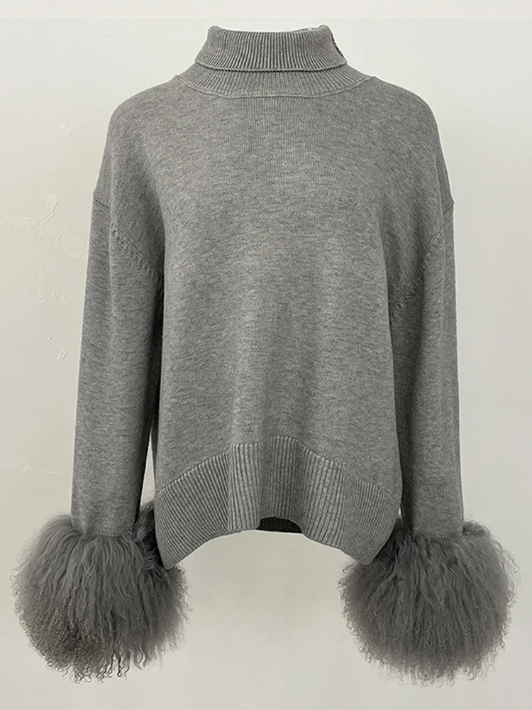 

Women High Collar Pullover Female Cuffs Fur Knitting Coat2025 Autumn Real Mongolia Sheep Fur Sweater Oversized Cardigan