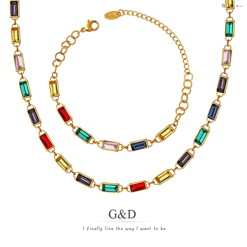 

G&D Luxury Superior Sense Colorful Zircon Splicing Minority Mininmalist Retro Style Necklace/Bracelet Jewerly Set For Women