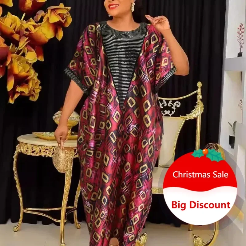 Sequin Print African Dresses for Women 2025 Autumn Africa Short Sleeve Party Evening Long Maxi Dress Kaftan Muslim Abaya Outfits