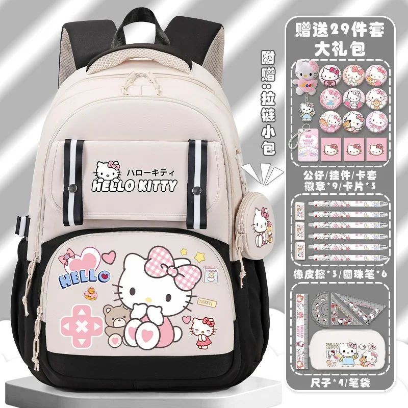 Sanrio Hello Kitty bonito Schoolbag, mochila dos desenhos animados femininos, grande capacidade, portátil Burden Reduction mochila de estudante, novo