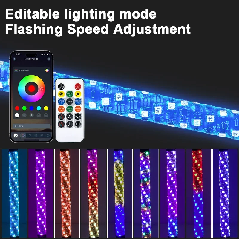1/2pcs 30cm/1Ft RGB LED Whip Lights APP+Remote Control Music Sync Spiral Chasing Effects for UTV ATV SXS Off-Road Trucks