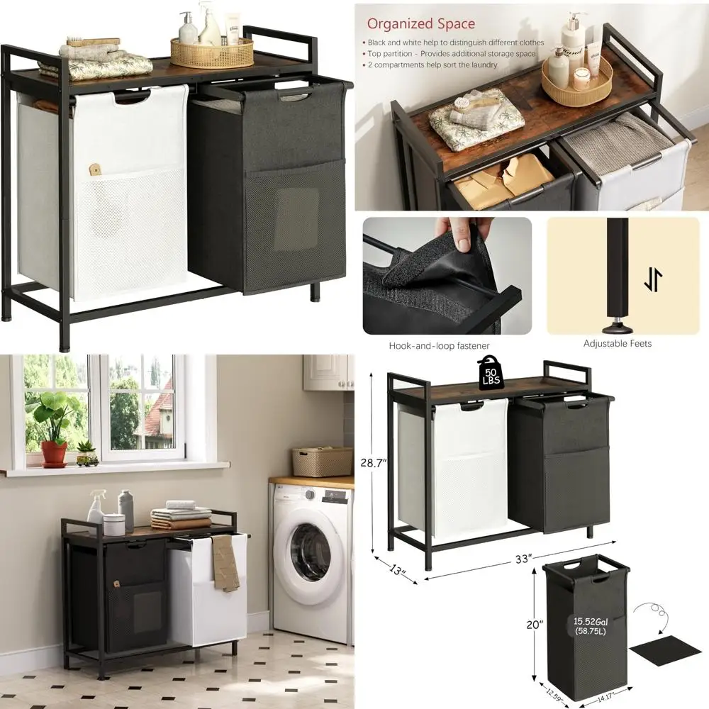 

Double-Section Laundry Basket with Removable Bags and Movable Shelf for Easy Sorting and Storage