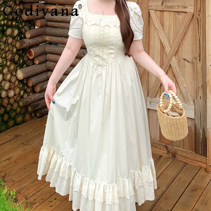 

Large Size Women French Square Neck Lace Splicing Retro Long Dress Fashion High Waist A-line Age-reducing Temperament Dresses