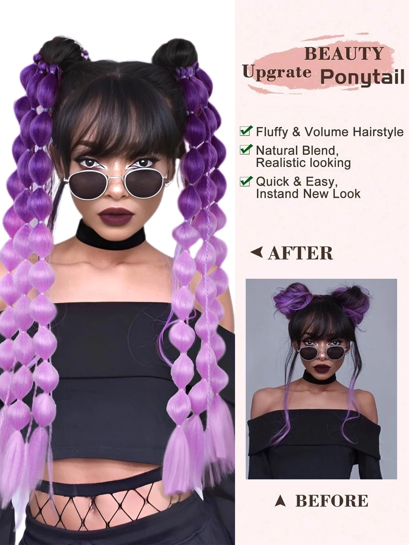 2PCS 24Inch Synthetic Lightweight Colored Hair Extensions Bubble Ponytail Extensions with Hair Tie for Women Girl Daily Party