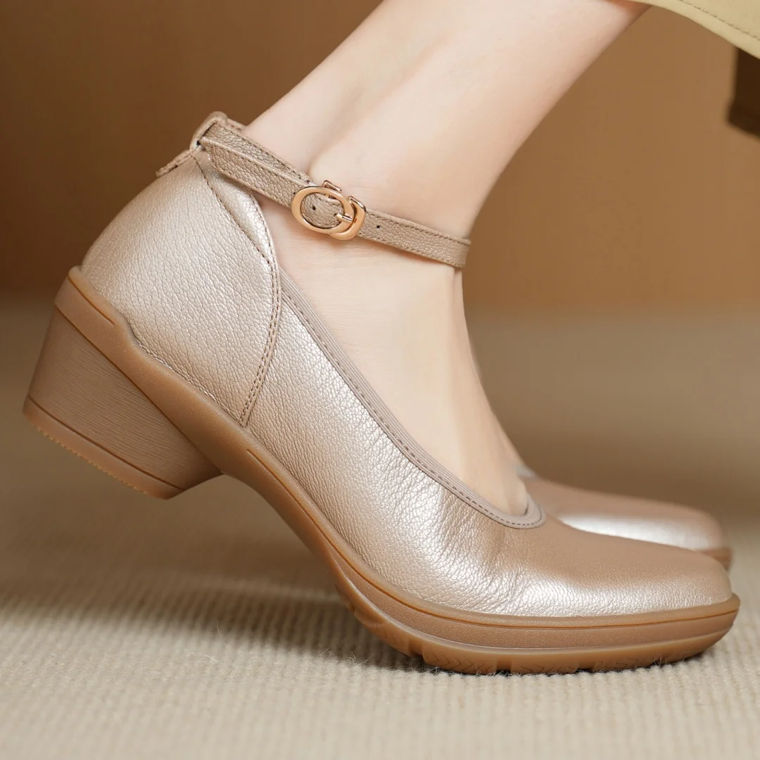 

danxuefei 2026 spring new women's sheepskin round toe ankle strap pumps 4.5cm wedge med heel casual female daily eels dress shoe