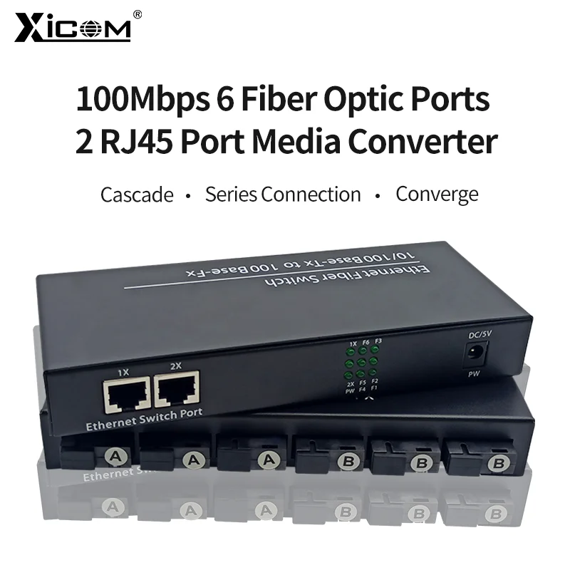 Fiber Optical Transceiver Single Mode 10/100M 20KM Ethernet Fiber Switch 6 Fiber Optic Port 2 RJ45 Port with 12V 2A Power Supply