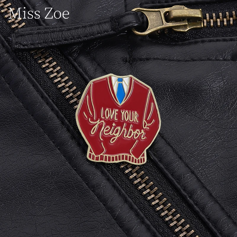Mr. Rogers Red Sweater Enamel Pins Love Your Neighbor Brooches Backpack Lapel Badge Warm Theme Jewelry Gift For Kid Friends ﻿
