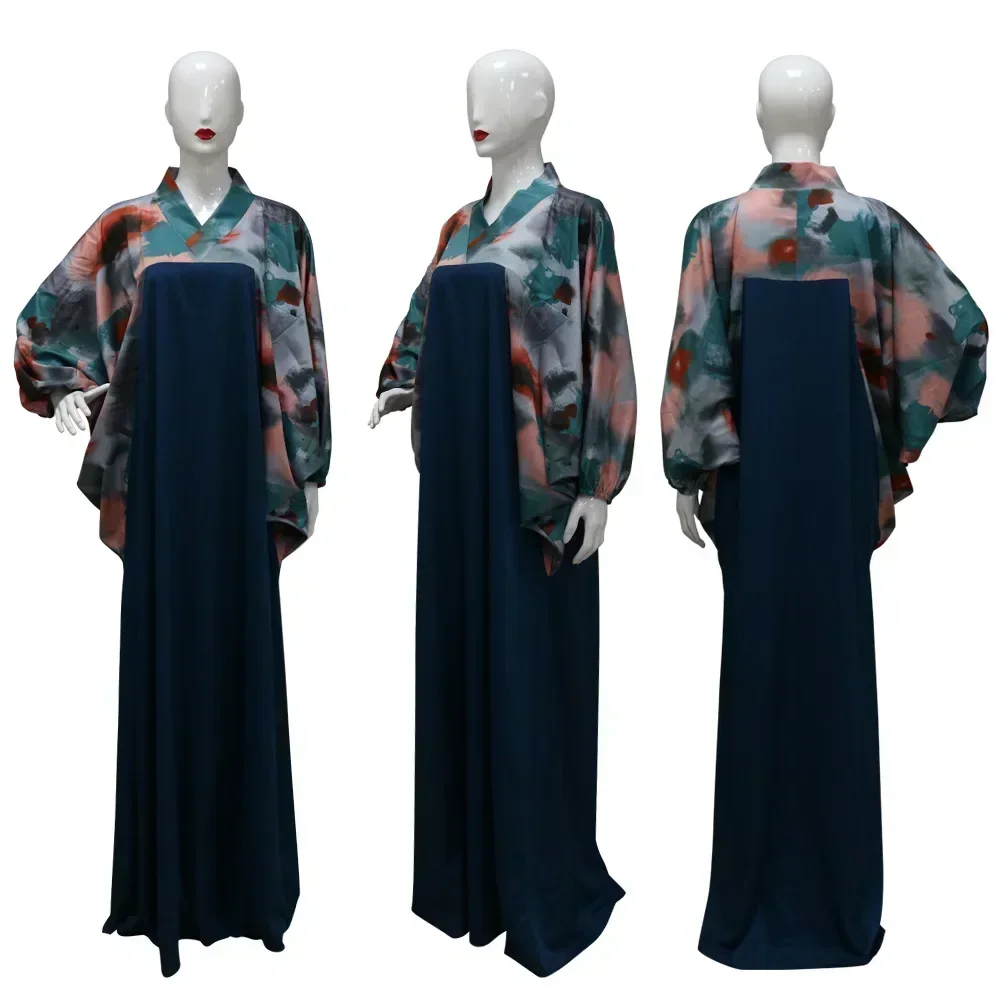 Muslim Retro Flowers Print Abaya Women Kaftan Splicing Color Long Dress Elastic Lantern Batwing Sleeve Robe V-neck Maxi Jalabiya