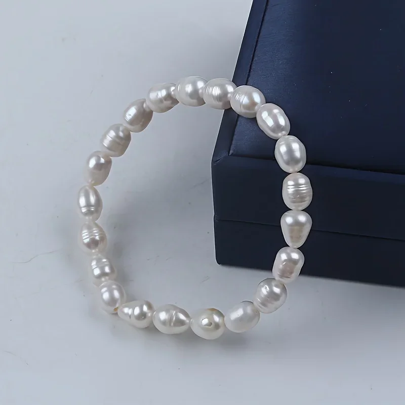 YWYC 7-8mm Rice Shape Natural Freshwater Pearl Charm Bracelets for Women 17cm Elastic Rope Women's Hand Bracelet Jewelry Gift