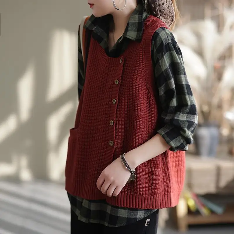 Fashion Solid Color Button Pockets Asymmetrical Vest Sweater Women\'s Clothing 2022 Autumn New Loose All-match Casual Tops