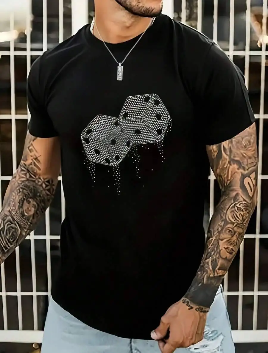 1Pc Man's Diamond Dice Print Black Tshirt, Crew Neck, Casual Cotton Tee, Medium Stretch Knit Fabric, Regular Fit Boys & Man,  100% Cotton Trendy Y2K Short-Sleeve Tee-Soft, Quick-Drying, Great Gift for Christmas or Halloween.