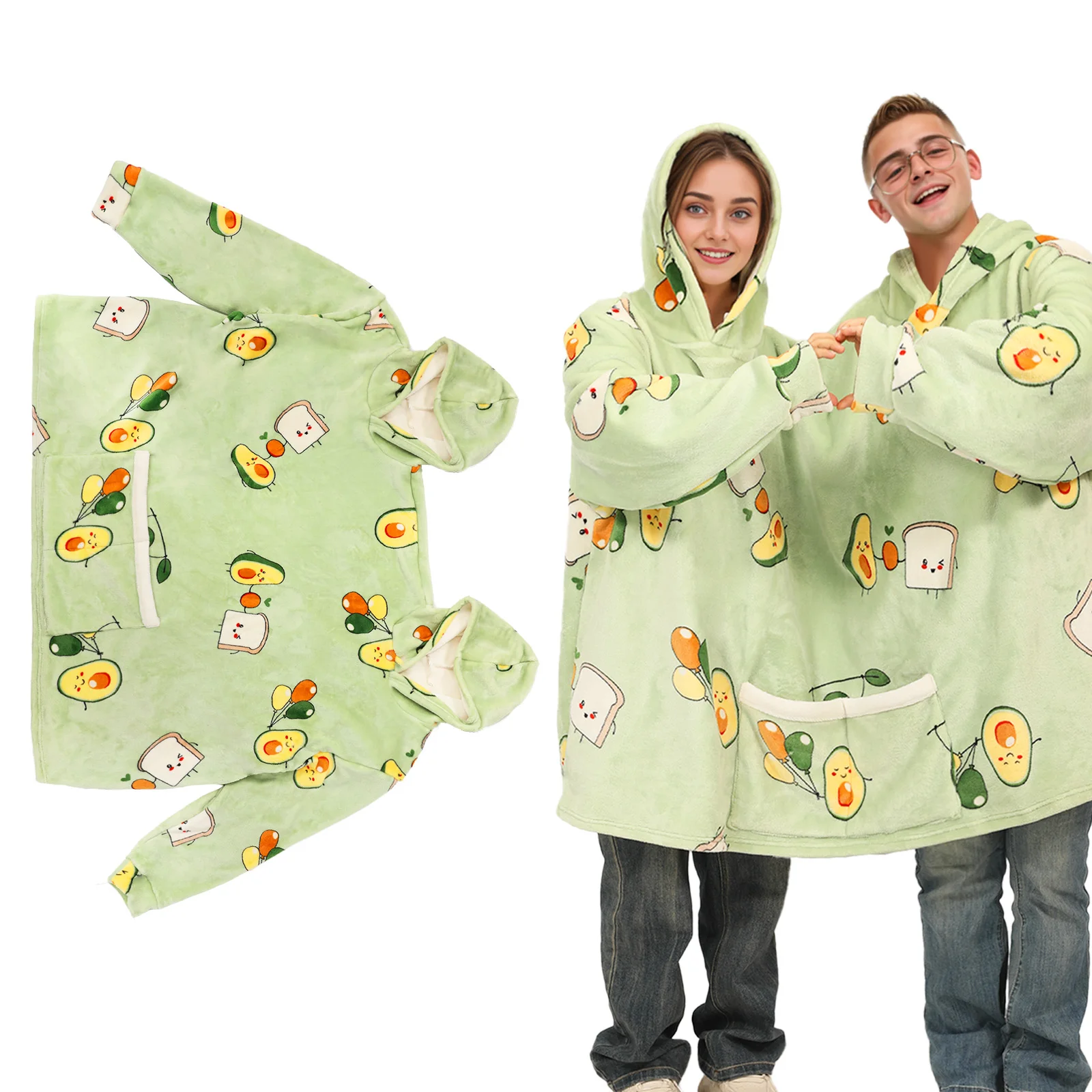 Avocado Pattern Double Snuddie Popcorn Couple Pairs Pajamas Autumn Winter Plush Hooded Blanket One Size For Adults