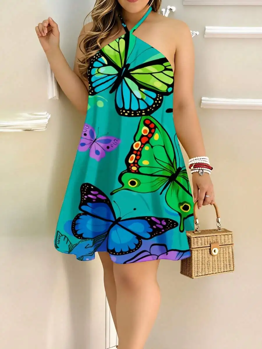 

Butterfly Print Halter Neck Mini Dress Women Summer Beach Casual Backless Skirt