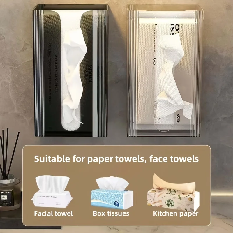 Punch Free Multipurpose Tissue Storage Box Transparent Kitchen Bathroom Wall Mounted Plastic Toilet Paper Masks Storage