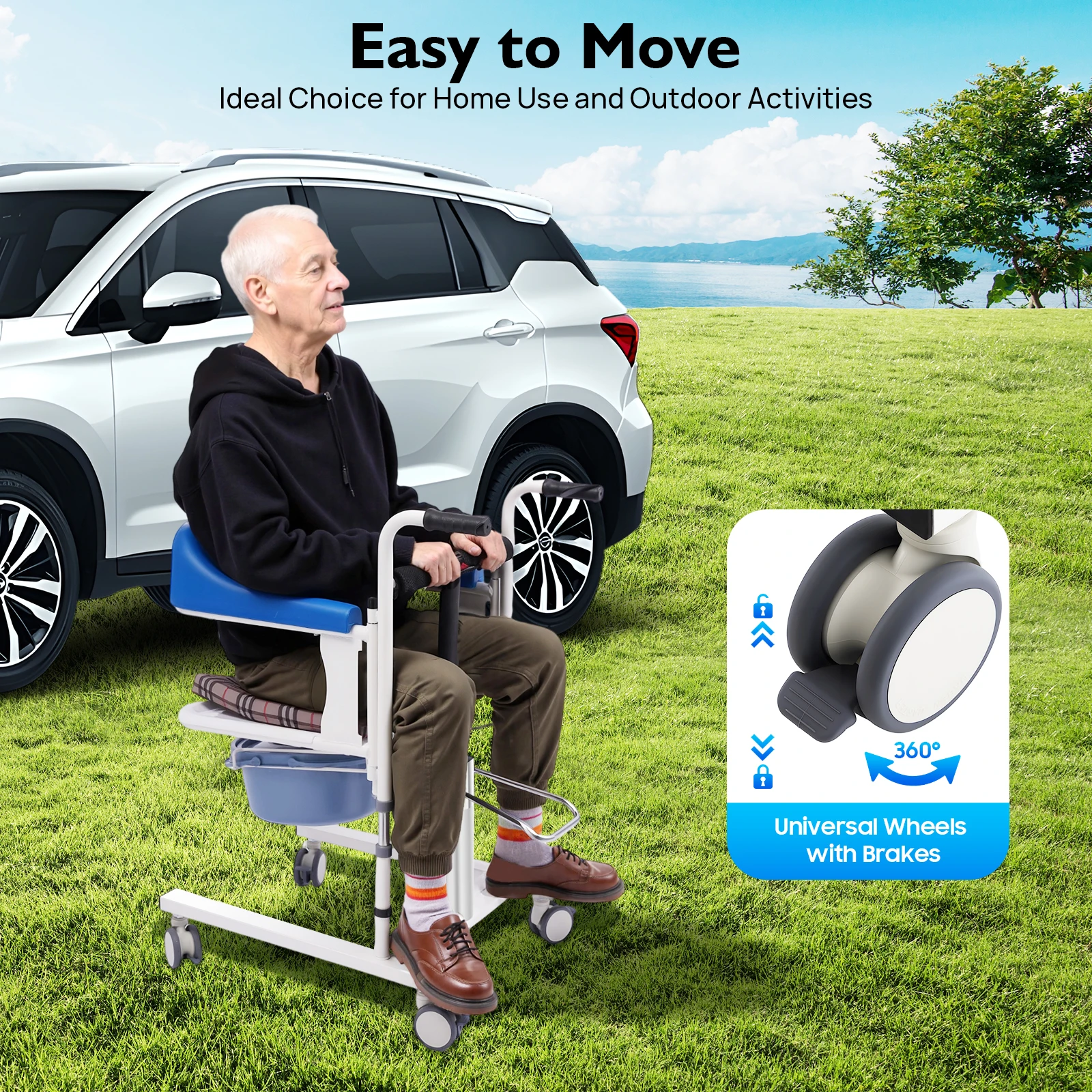 كرسي التمريض الهيدروليكي لرفع المريض بعجلات (فرامل) ومسند ظهر ناعم، ارتفاع قابل للتعديل لكبار السن والمعاقين