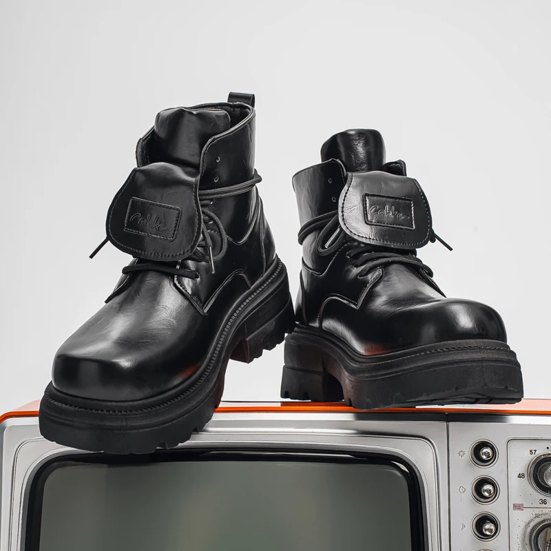 Men Black Leather Ankle Boots Lace Up Thick Lug Sole Square Toe Heightening Casual Fashion Outdoor Platform Short Boots