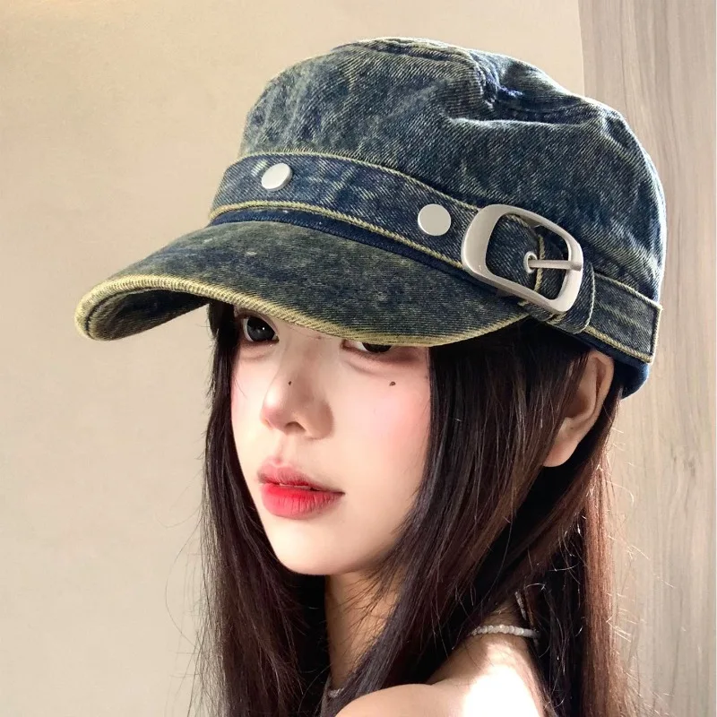 Niche Fashion Metal Buckle Denim Flat Top Equestrian Hat for Women Summer and Autumn Big Head All-match Fashion Newsboy Cap