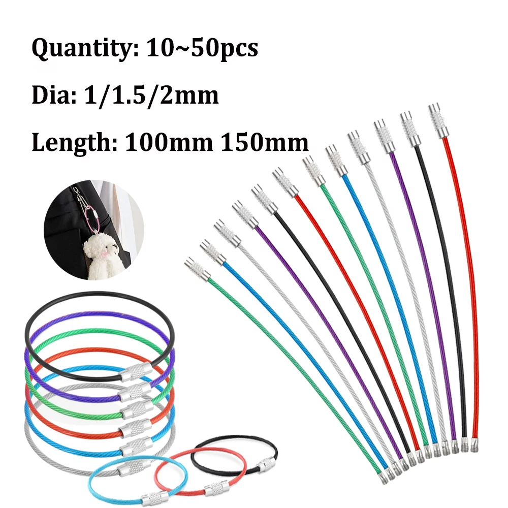 10pcs  Stainlesss Steel Keychain Tag Rope Wire Cable Loop Screw Lock Gadget Rings Key Keyring Circle Camp Rope Fittings