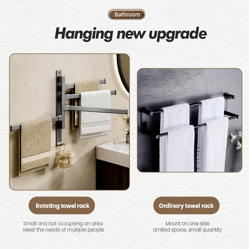 Bathroom Rotating Towel Bar Wall Mounted Non Perforated Iron Towel Storage Rack For Household Bathroom Storage Products