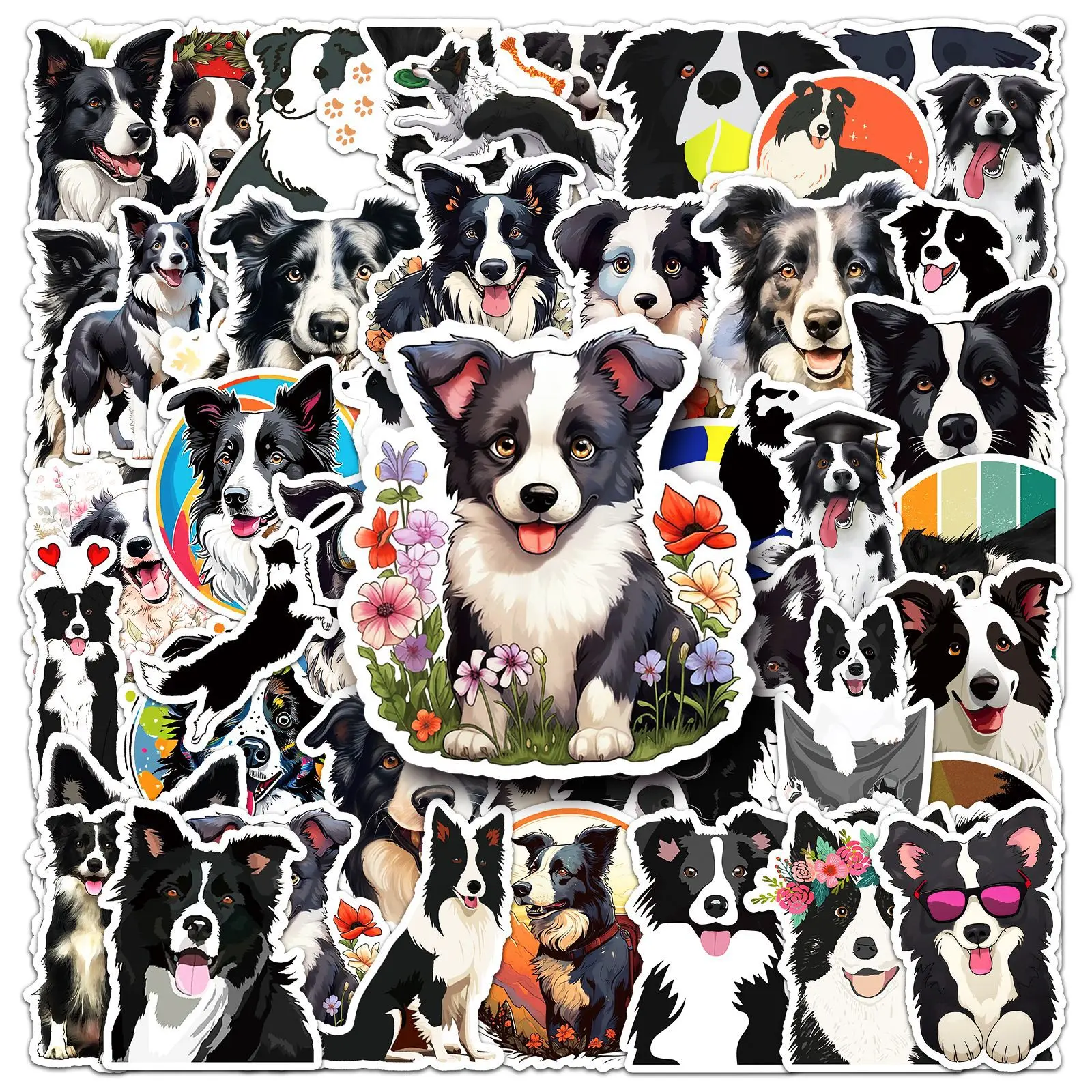 

50PCS Border Collie Cute Dog Cartoon Animals Graffiti Decorative Water Cup Skateboard Guitar iPad Waterproof Sticker Kids Toy