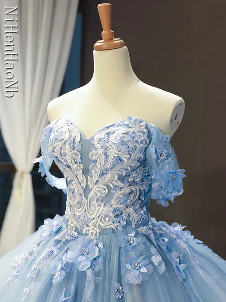 Blue Quinceanera Dresses Off The Shoulder Princess Prom Dress Appliques Ball Gown With Small Train Vestidos De 15